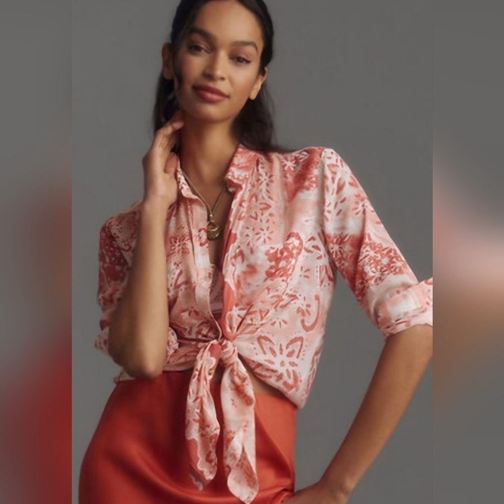 Pilcro Anthropologie NWT Relaxed Button Down Shirt Pink Print XL